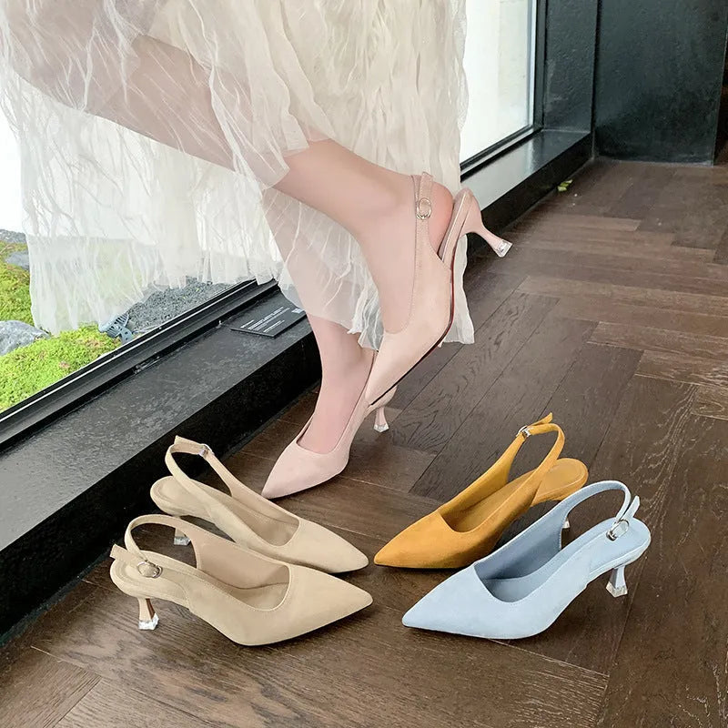 Women's apricot suede pointed toe stiletto high heels on a white background