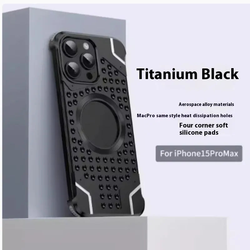 Borderless aluminium alloy phone case with hollow back and magnetic suction for iPhone 15 Pro Max, in grey colour