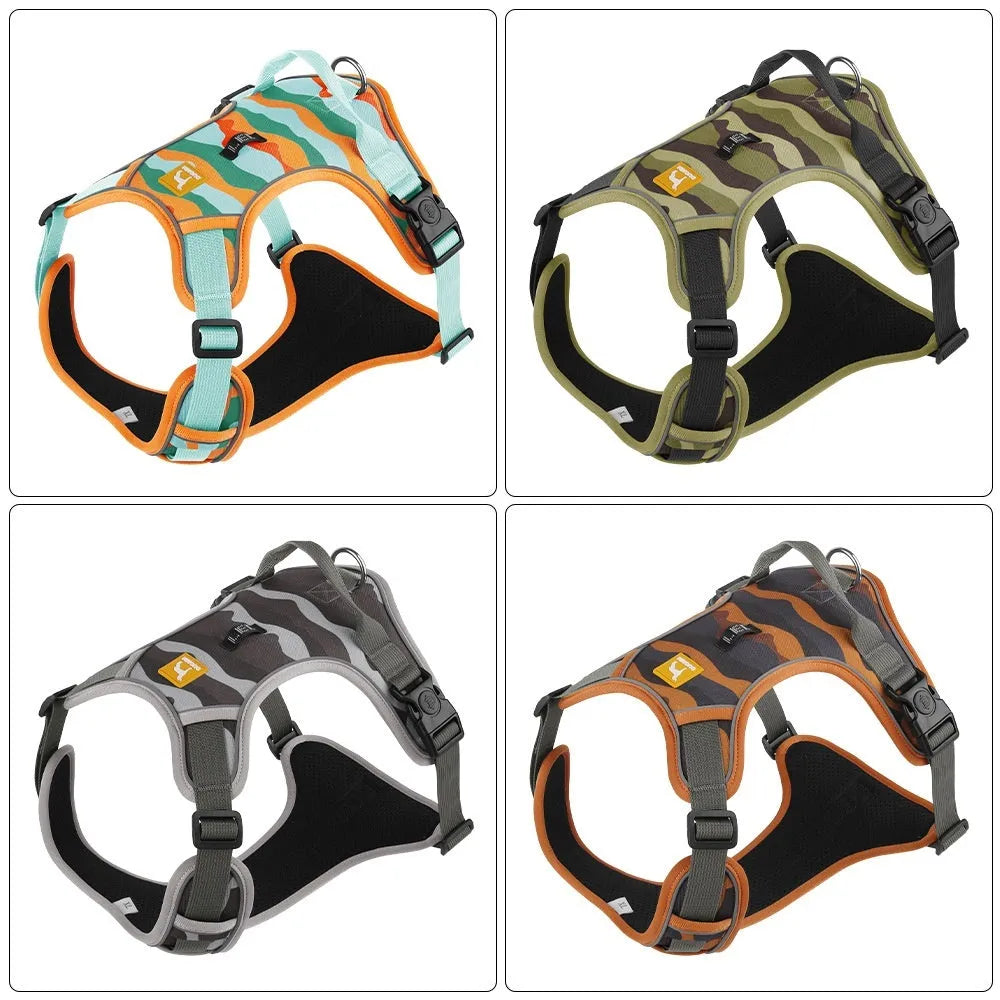 Orange Oxford cloth dog walking rope with a hand loop and chest harness attachment on a grey background.