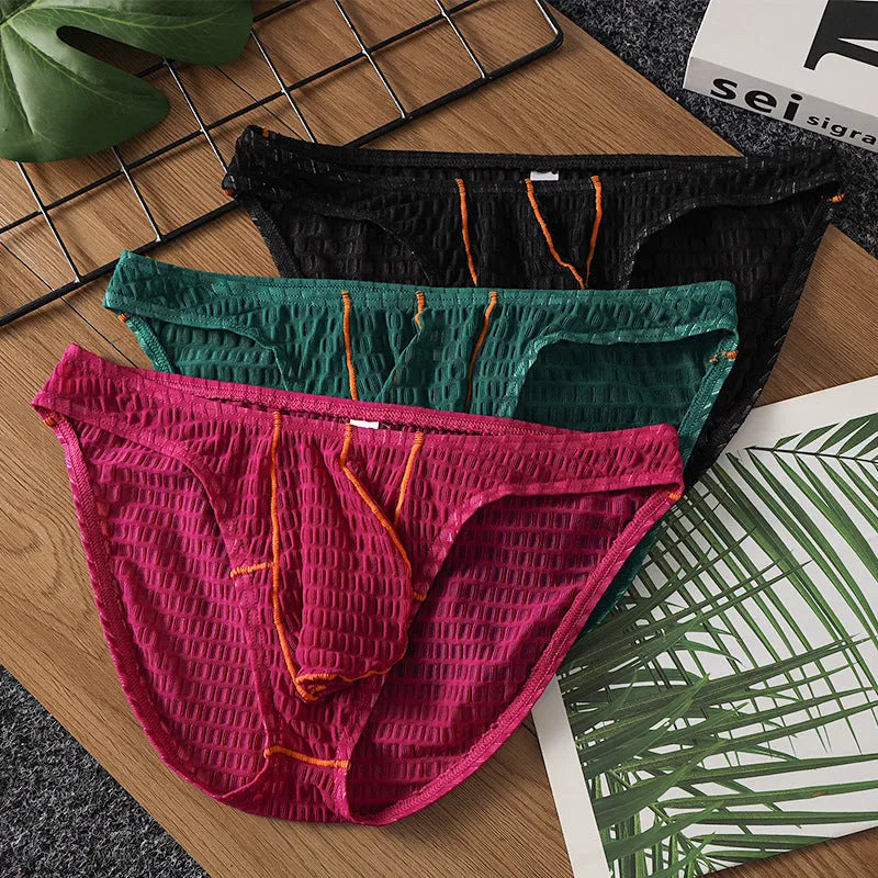 Men's low waist lace briefs in white, black, green, rose red, and light purple colours