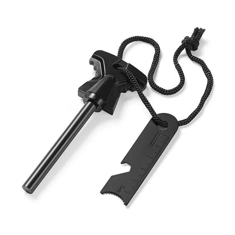 Stainless steel butterfly-shaped outdoor fire starter tool with integrated bottle opener and blade