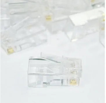 Bulk pack of 1000 white RJ45 network plugs with gold-plated contacts and copper inserts.