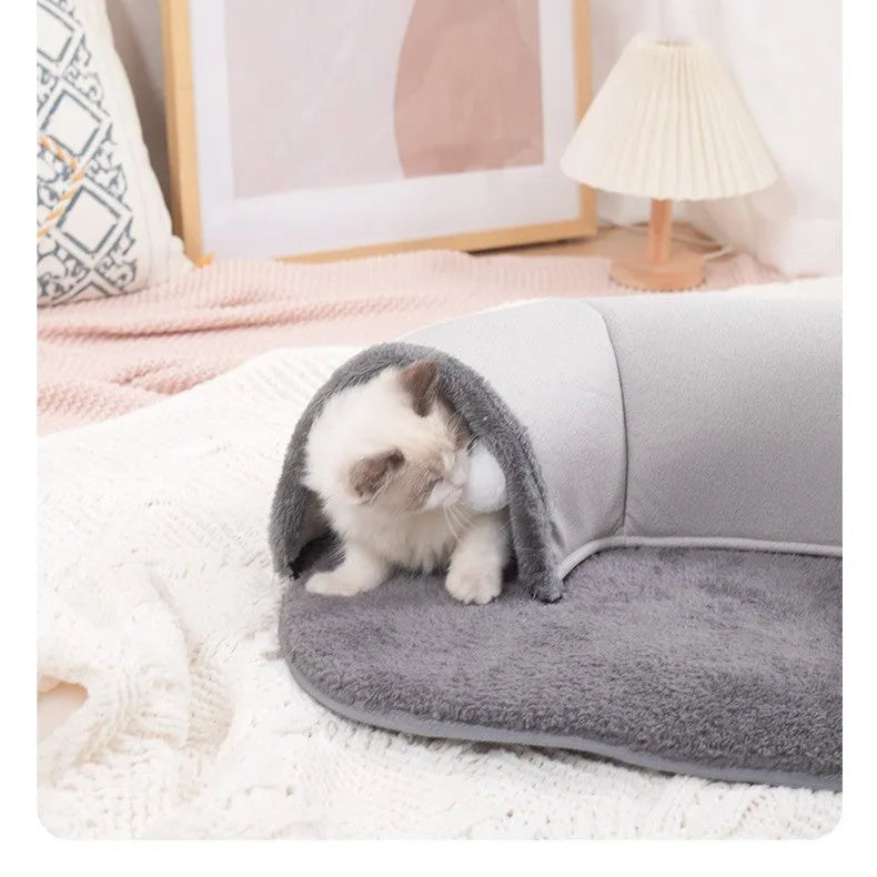 Oval cat tunnel nest in artificial leather and cotton velvet, small size 65x49x17cm