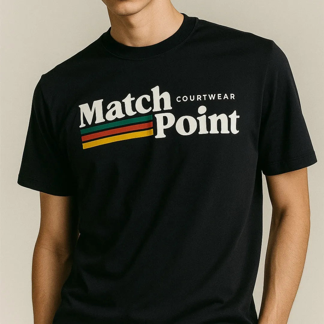 Men's black casual T-shirt with 3D digital printed text pattern, short sleeves and round neck