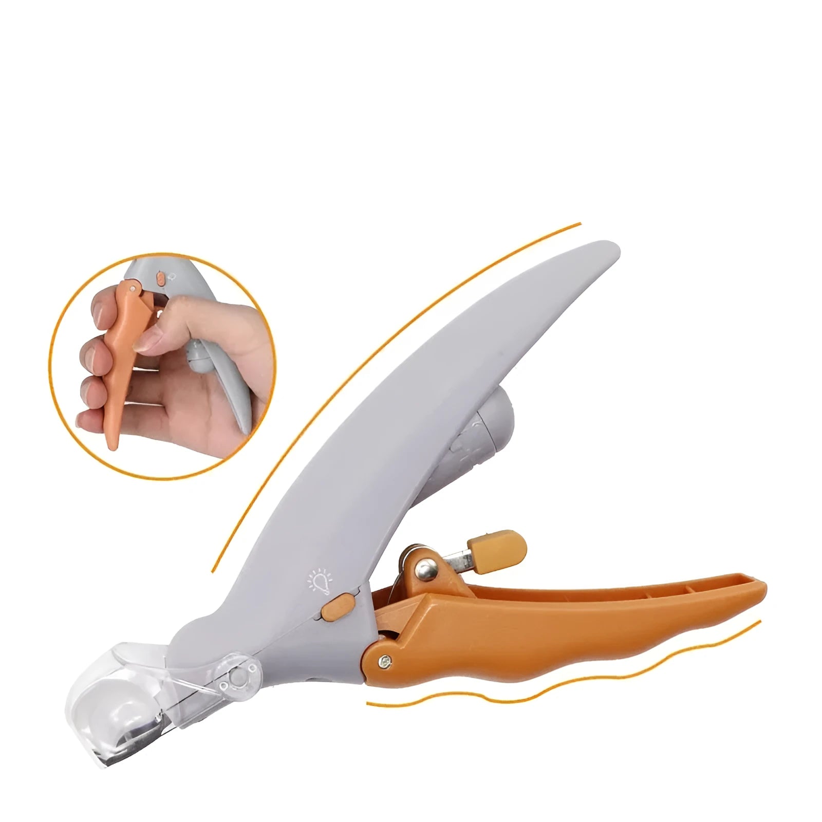 Yellow pet nail clipper with built-in LED light and magnifying glass for grooming dogs and cats.