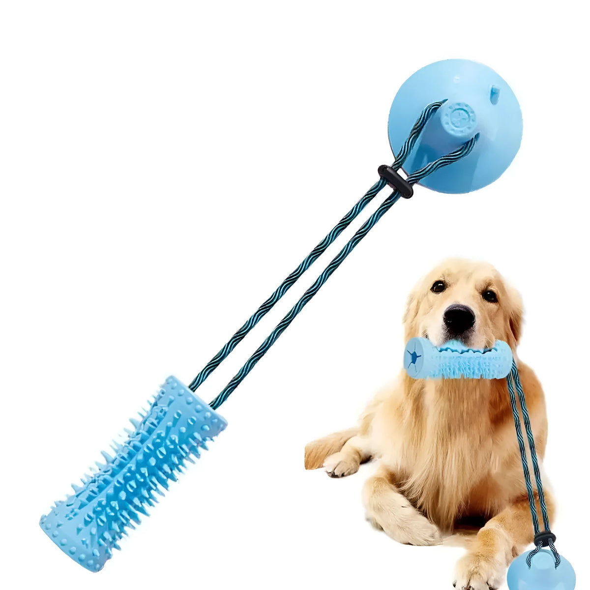 Blue and pink dog chew ball toy with suction cup and food dispenser on tiled floor