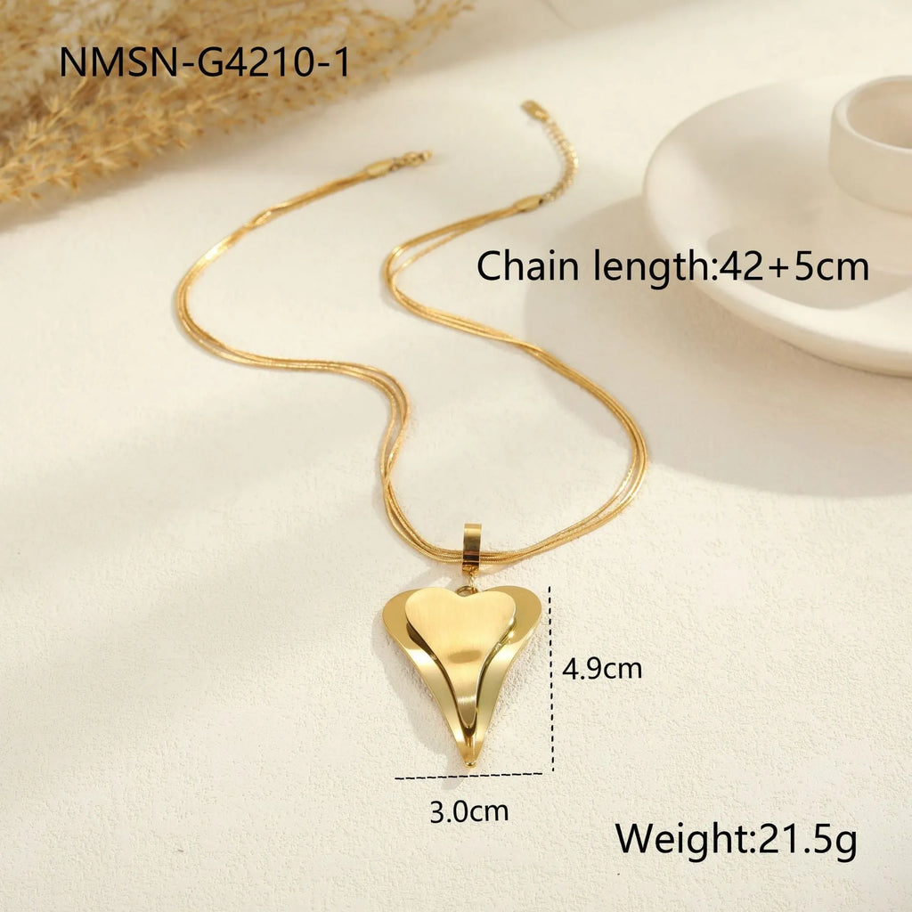 Double heart geometric pendant with snake bones chain stainless steel necklace in gold or steel finish