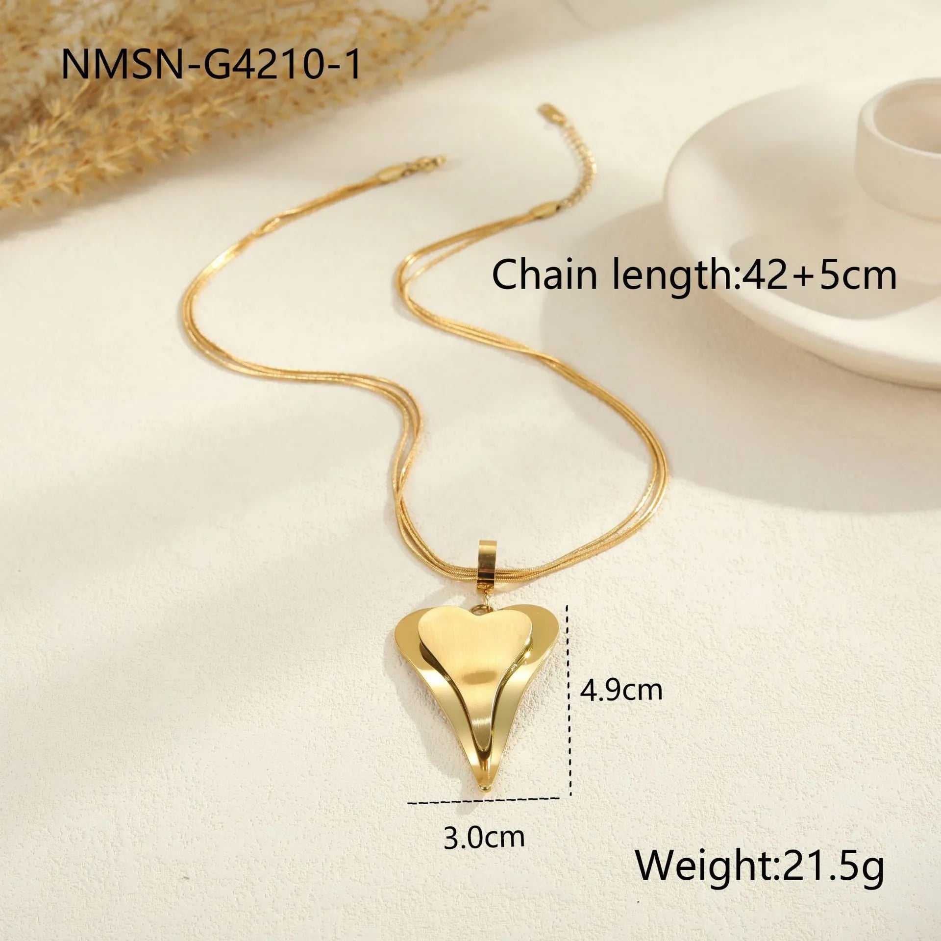 Double heart geometric pendant with snake bones chain stainless steel necklace in gold or steel finish
