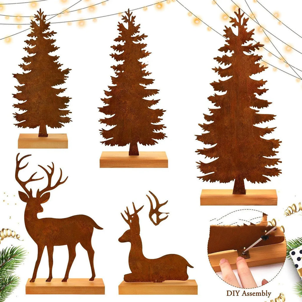 Set of three rustic metal Christmas tree elk ornaments with distressed iron finish.