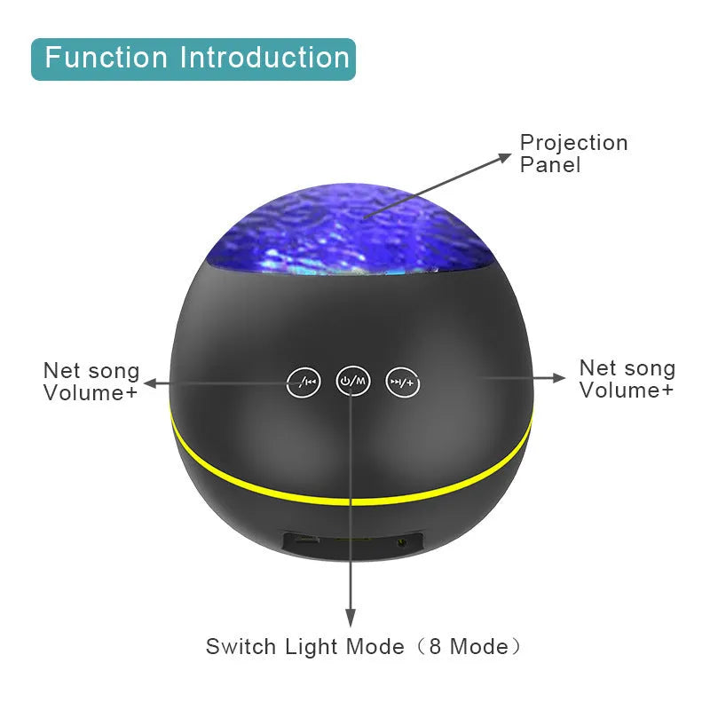 Black ocean wave projector LED night light with Bluetooth speaker and remote control on a table