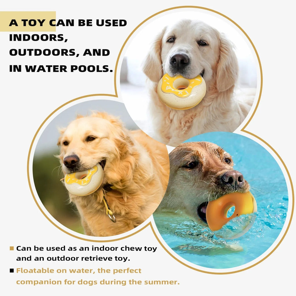 TPR donut dog toy with sound features for molar teeth cleaning in pink, yellow or chocolate colours