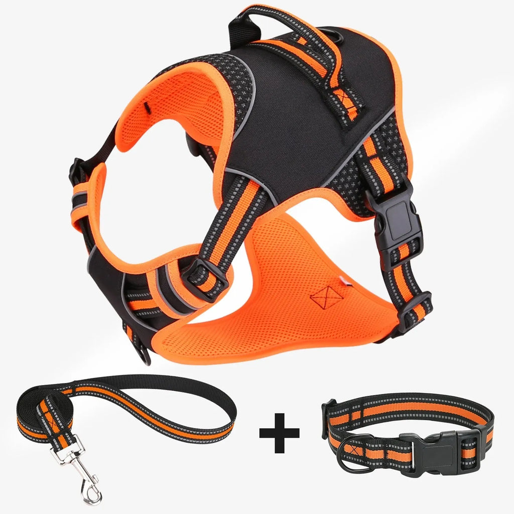 Orange polyester dog harness with anti-breaking design for outdoor training and control