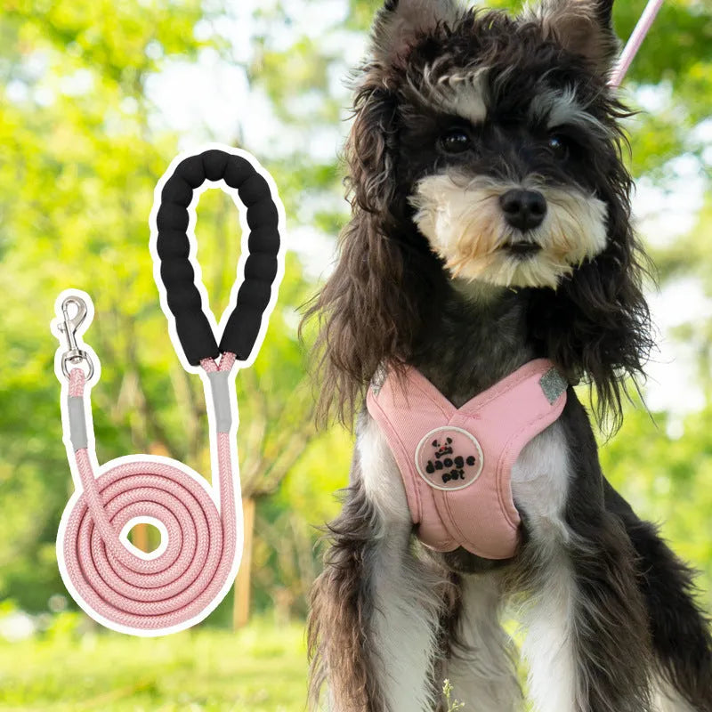 Pet walking vest with hand-held rope in blue, green, pink, or yellow colours