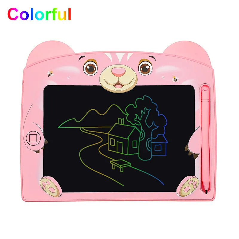 Cartoon children's LCD handwriting drawing board in sky blue, showing a doodle on the 230mm screen with stylus