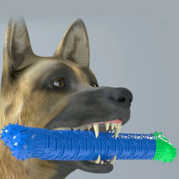 Blue and green silicone dog dental cleaning stick with textured bristles and nodules, 25 cm length