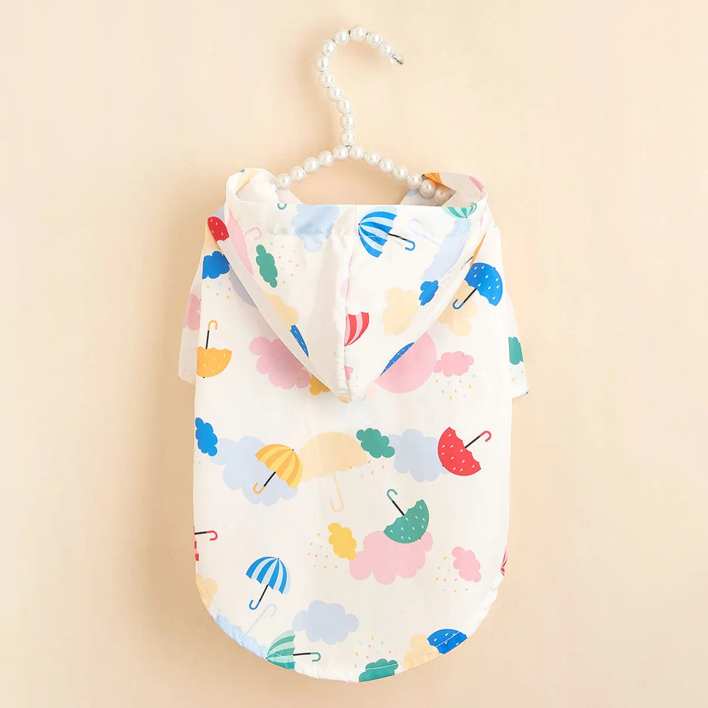 Colourful cartoon umbrella pattern dog raincoat in polyester material, shown in size L.