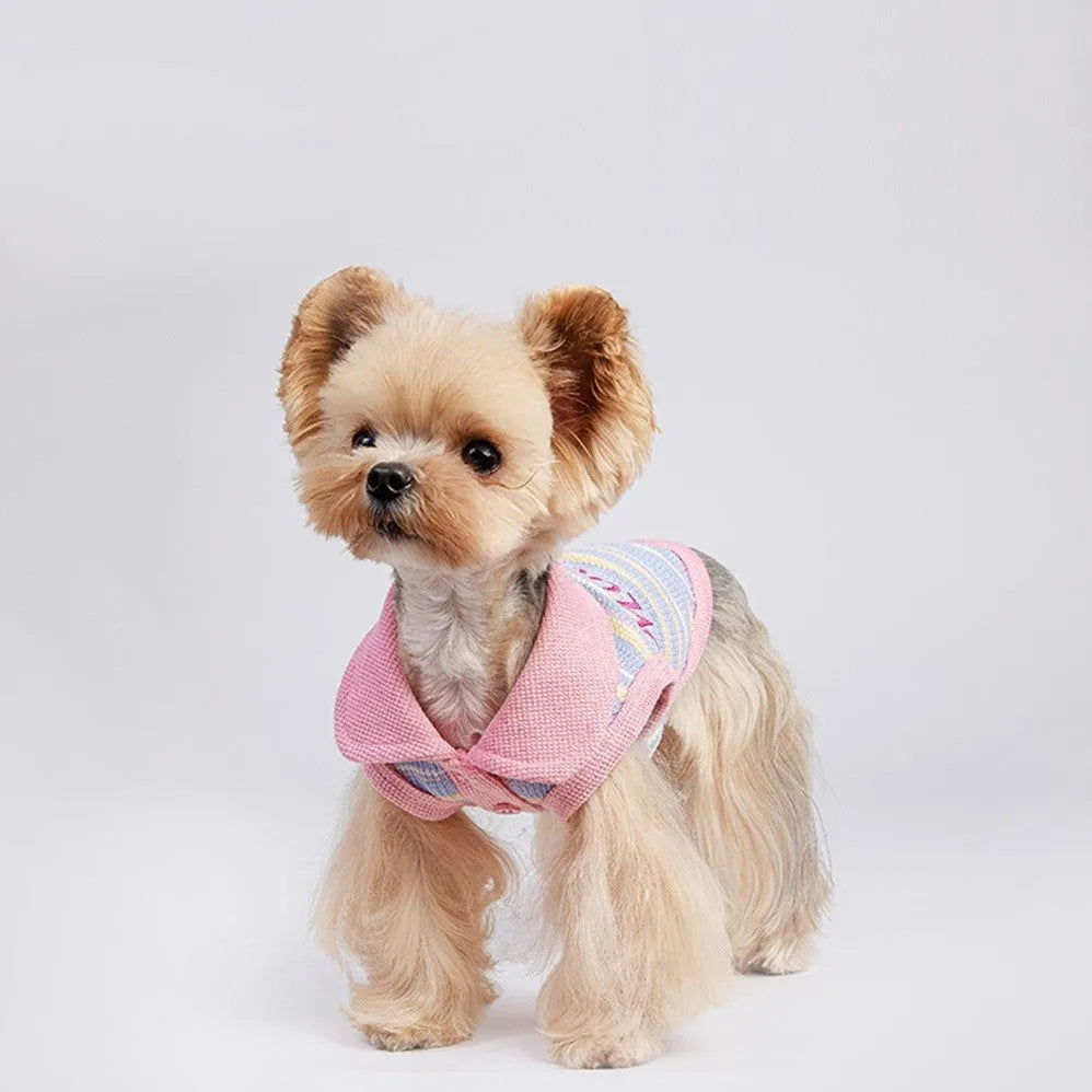 Pink purple knitted vest for small dogs and cats shown on size chart from XXS to XXL.