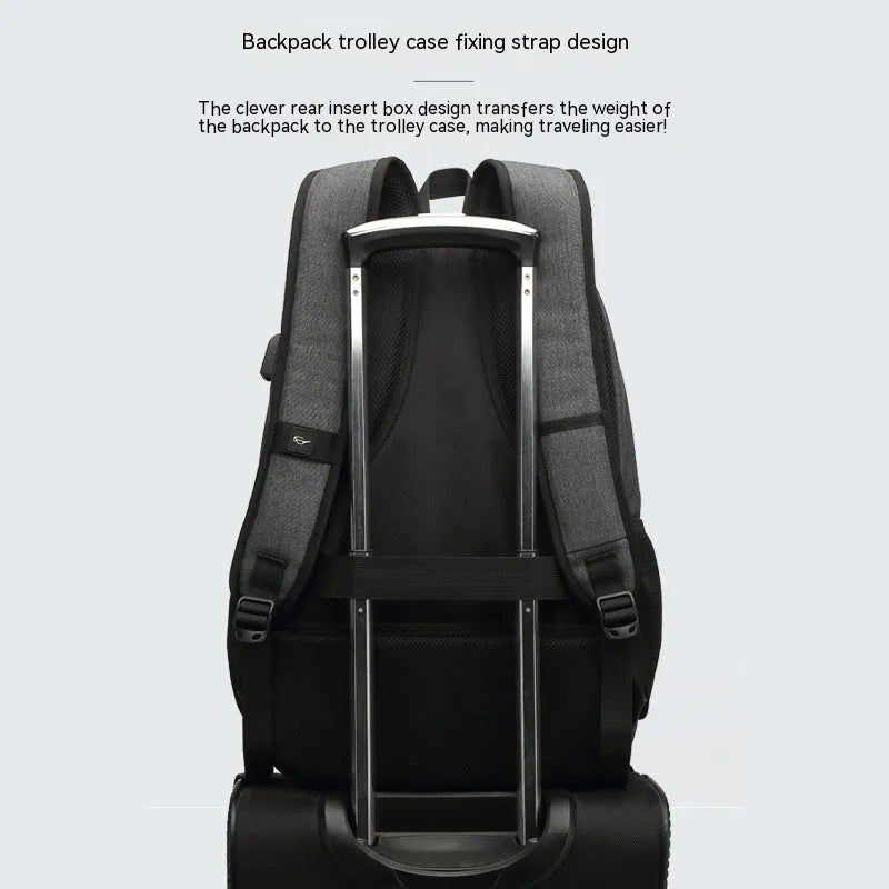Gray nylon backpack with USB charging port and trolley case straps