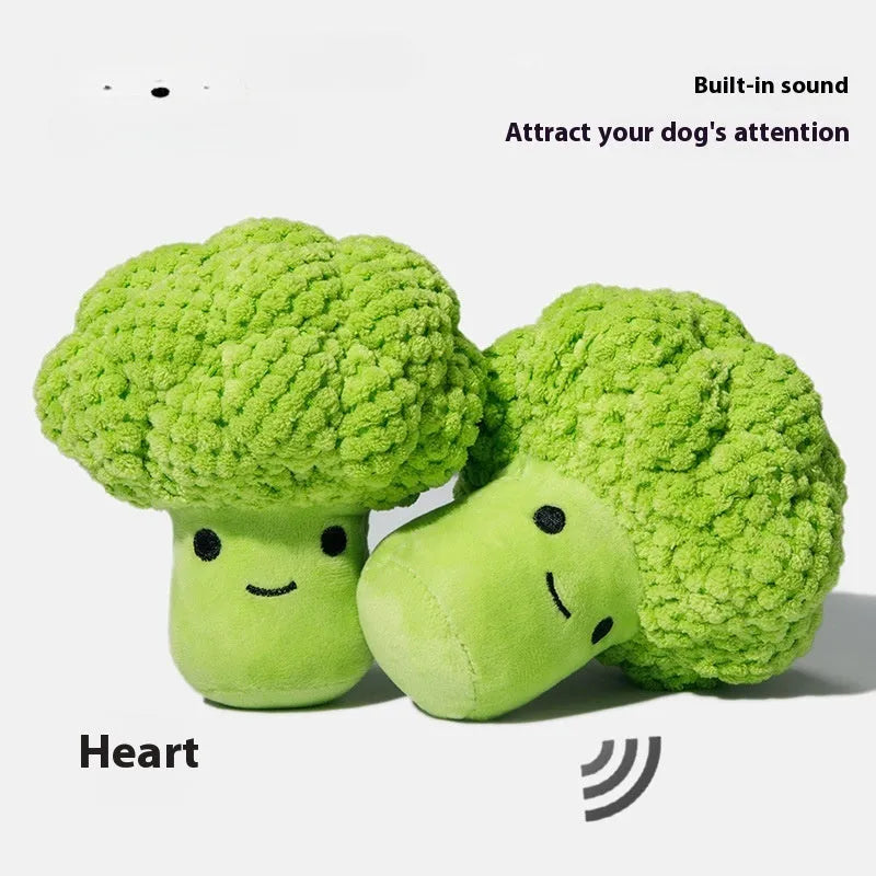 Broccoli-shaped plush dog toy with squeaker for molar teeth cleaning, soft plastic and fabric construction