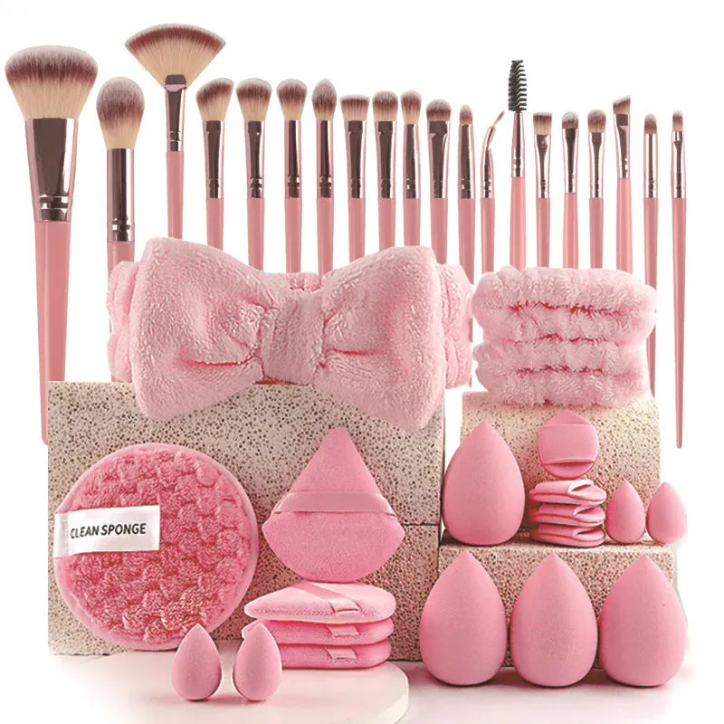 40-piece beauty tools set with hydrophilic non-latex face wash and makeup tools in brown, pink and purple colour options