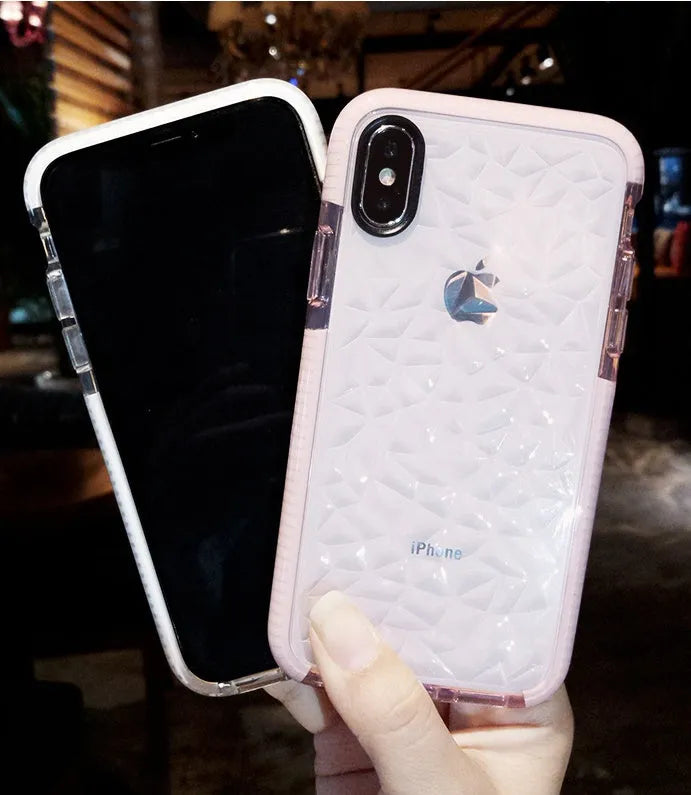 Simple striped TPU back cover case for iPhone in pink, white, and black border colour options.