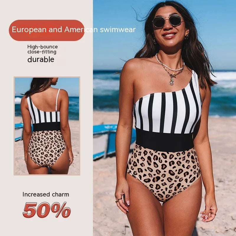 New asymmetric collar leopard print high waist triangle swimsuit for women in leopard print colour
