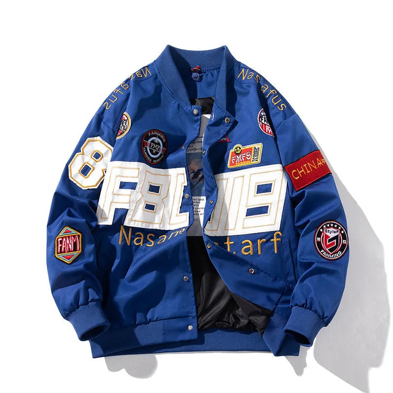 Black American motorcycle baseball jacket with removable hood and side pocket on a mannequin.