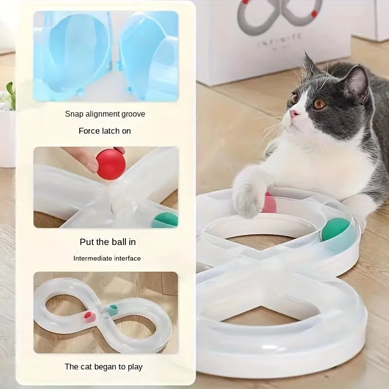 Blue and white interactive cat toy set with turntable track, ball, and teasing stick on floor