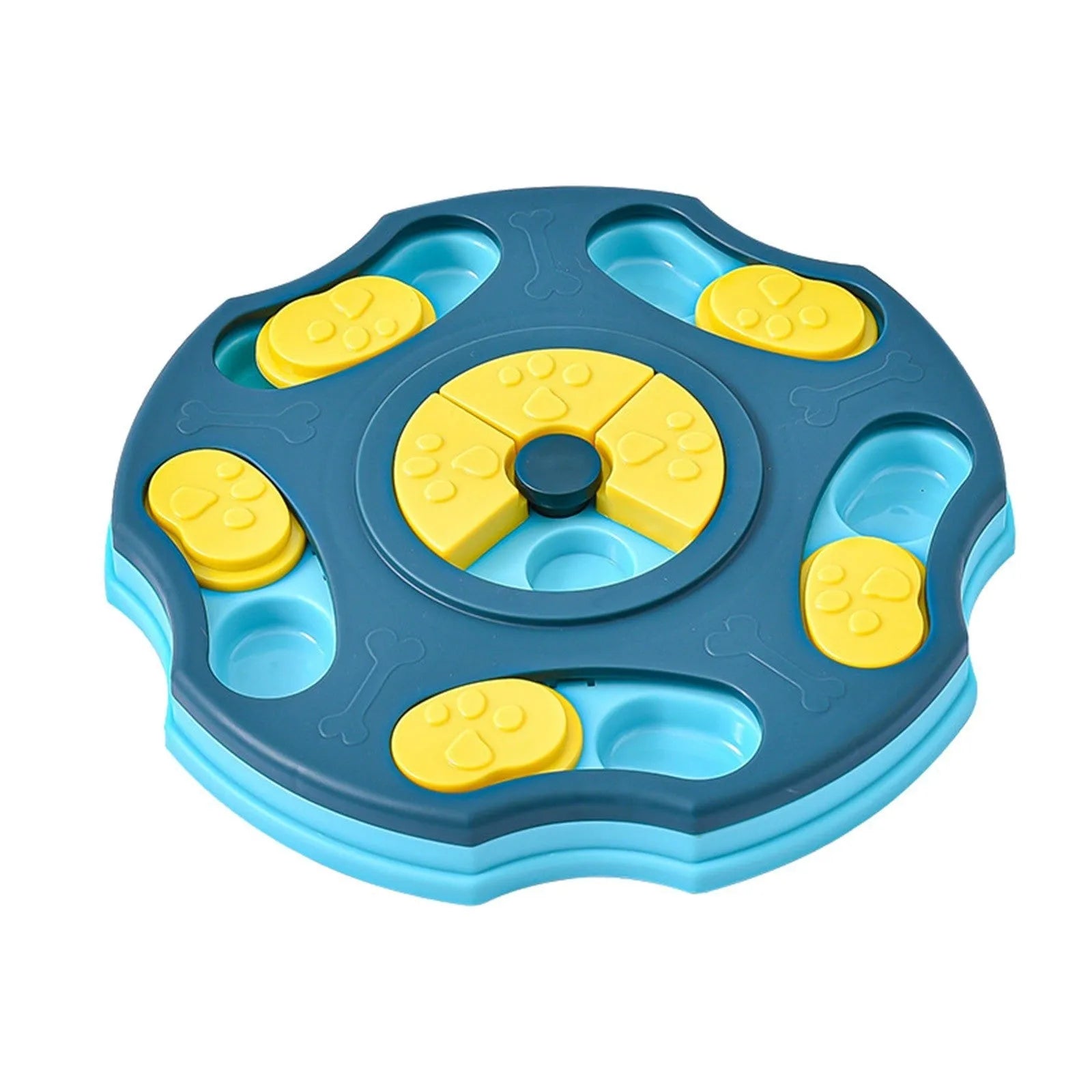 Blue dog puzzle food bowl with sliding compartments for interactive feeding games