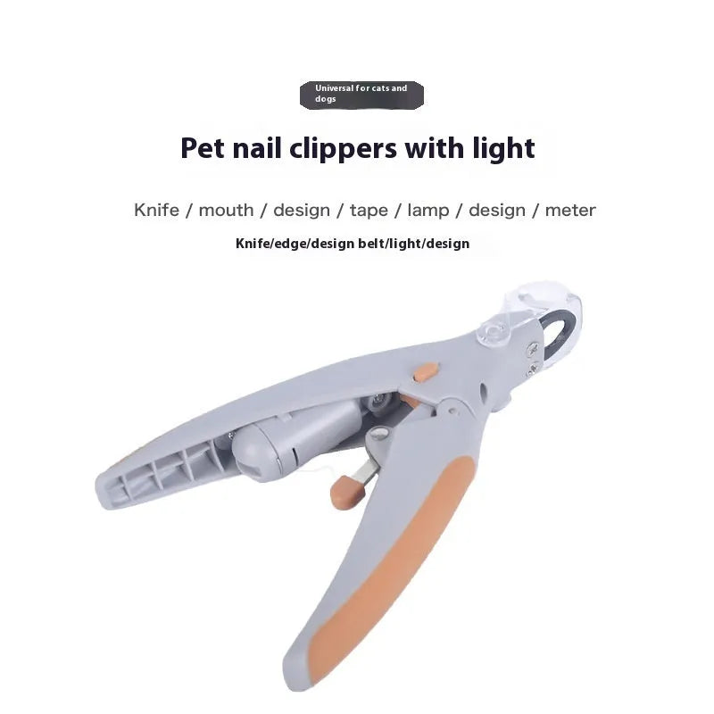 White battery-powered dog nail trimmer with built-in light and blood line guide on a blister card.