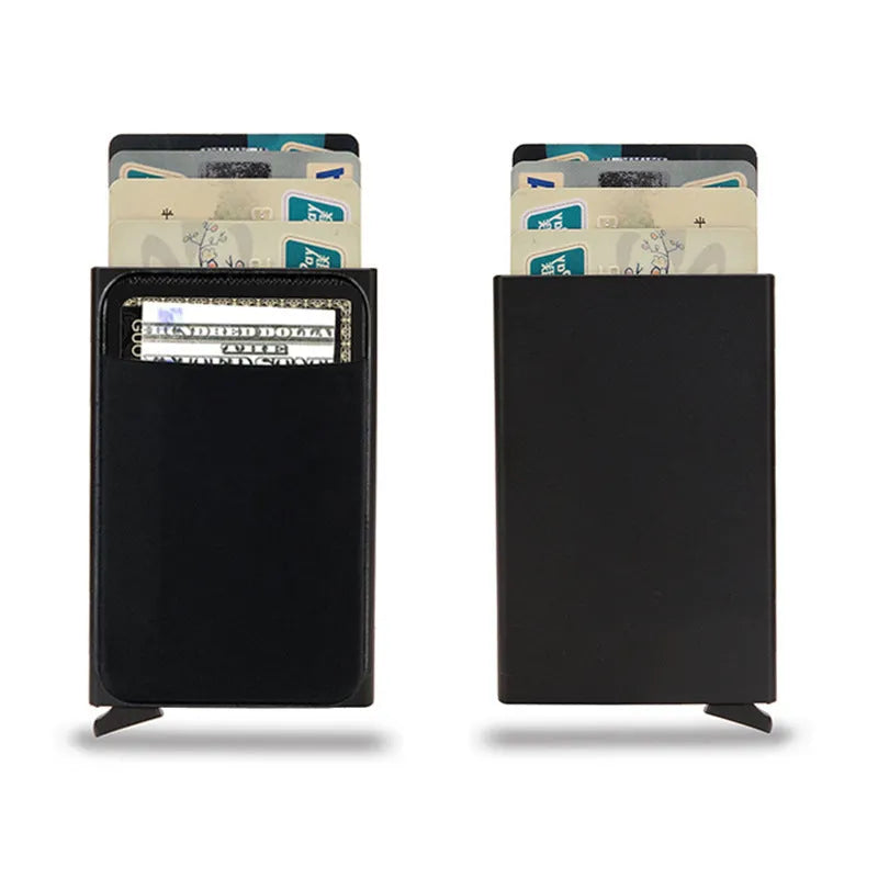 Frosted aluminium alloy credit card holder in a choice of eight colours on a plain background.
