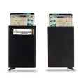 Frosted aluminium alloy credit card holder in a choice of eight colours on a plain background.