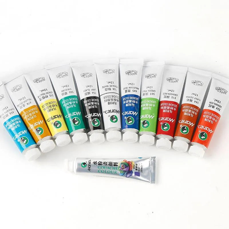 Boxed set of gouache paint tubes in 12, 18, or 24 colours for artists.