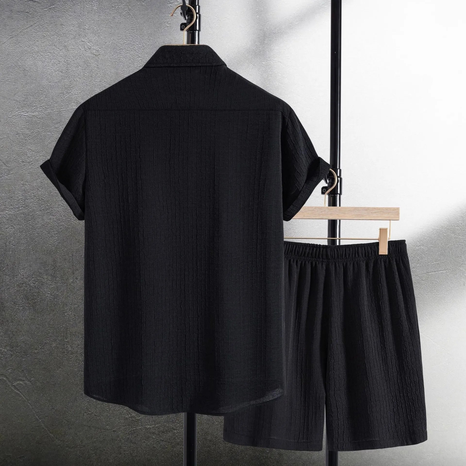 Men's white jacquard fabric short sleeve shirt and matching shorts casual set