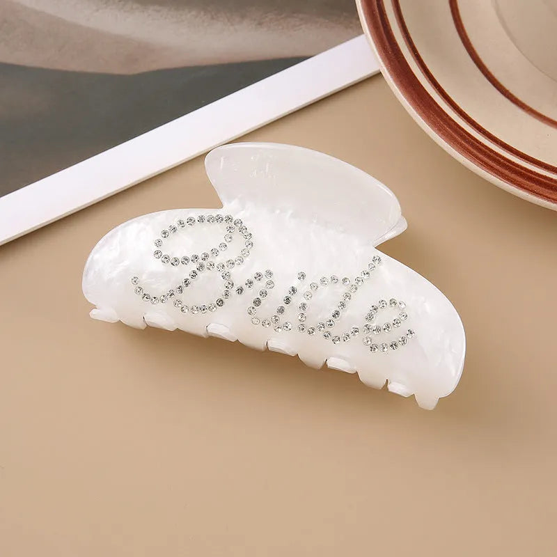10cm pink acrylic barrette hair clip with multi-diamond shower shark design and English letters