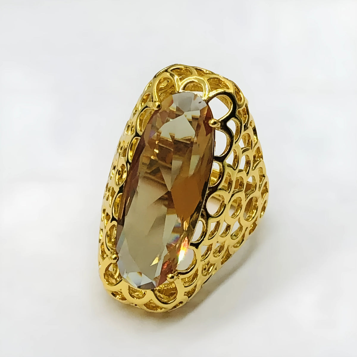 Women's hand inlaid copper-plated 18K gold ring with adjustable opening and hollow out design