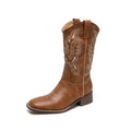 Brown women's embroidered leather mid-calf boots with round toe and low square heel.