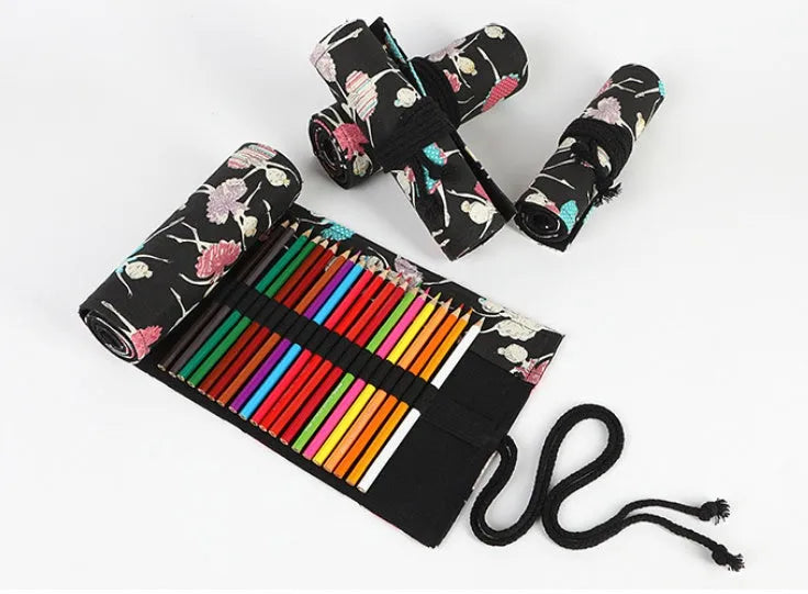 Canvas rolling pencil case with ballet girl print, multiple hole options for colour pencils