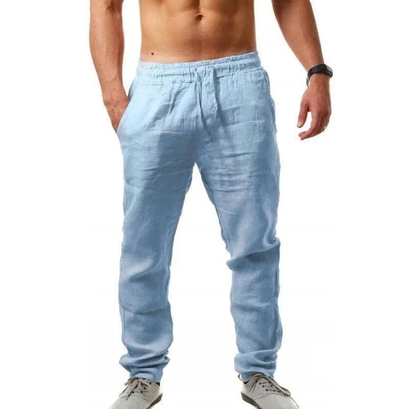 Breathable cotton linen loose sports trousers with drawstring waist in khaki, front view