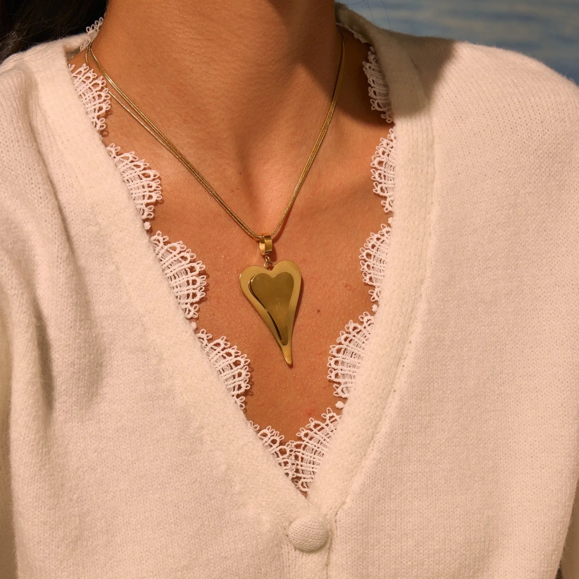 Double heart geometric pendant with snake bones chain stainless steel necklace in gold or steel finish