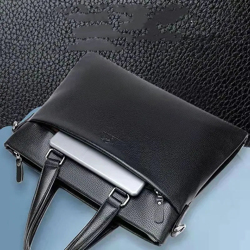 Men's black PU leather business messenger bag with splicing details measuring 35x30x4cm
