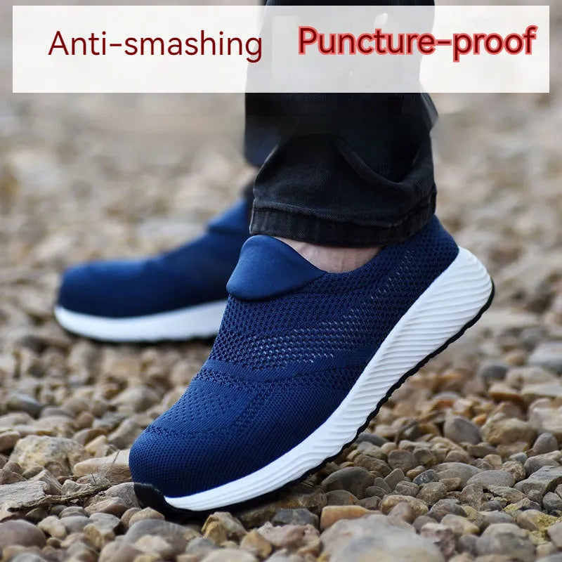 Men's lightweight steel toe work shoes in black, blue and red colours with mesh upper and low-top design