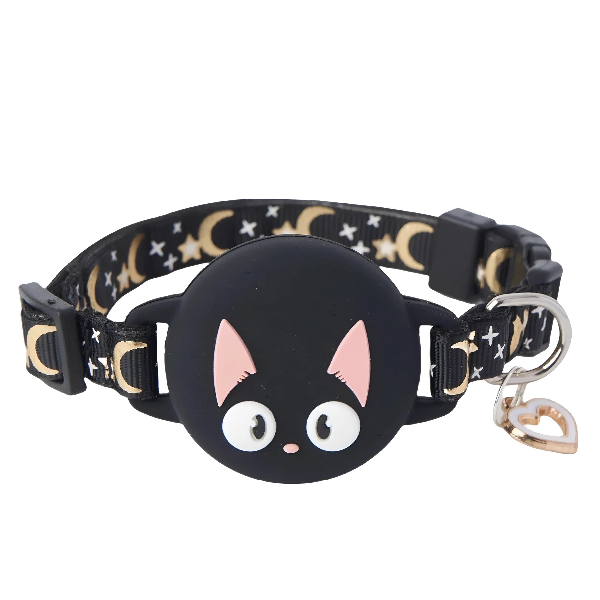 A pink plastic AirTag protective case for a cat collar, shown alongside a blue one, both with adjustable straps.