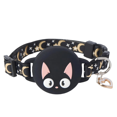 A pink plastic AirTag protective case for a cat collar, shown alongside a blue one, both with adjustable straps.
