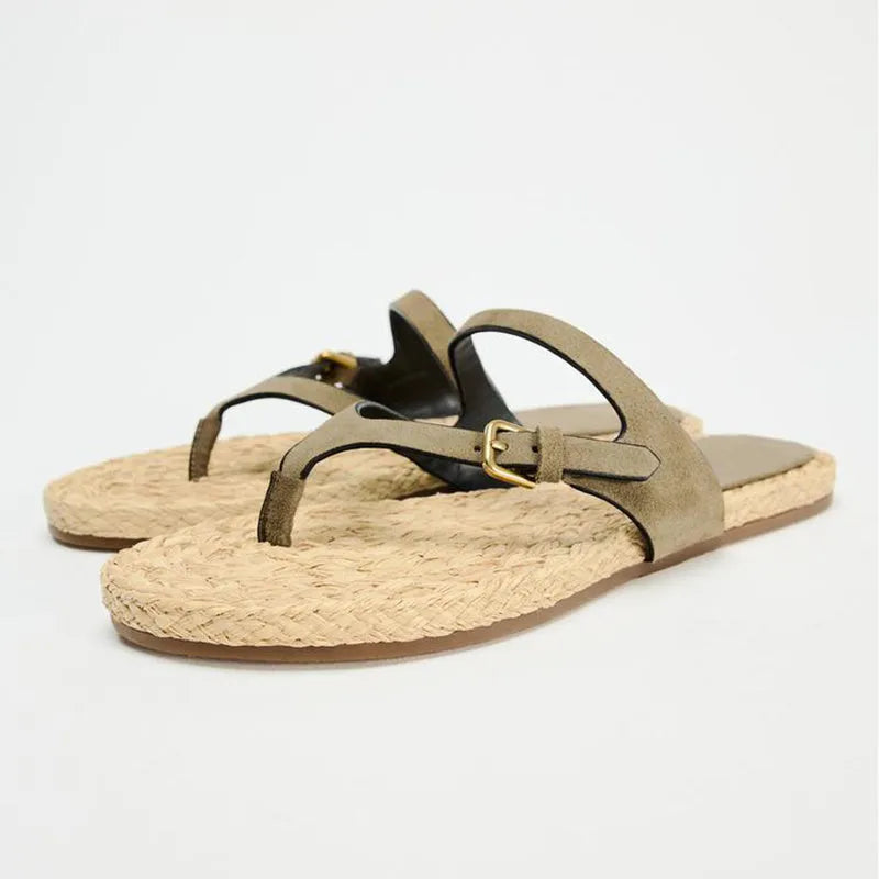 Women's woven flip-flops with microfiber leather upper and rubber sole in Light Green