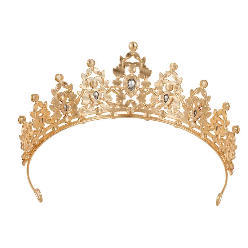 Baroque-style alloy crown bridal headdress with rhinestone details in a silver and white diamond finish.