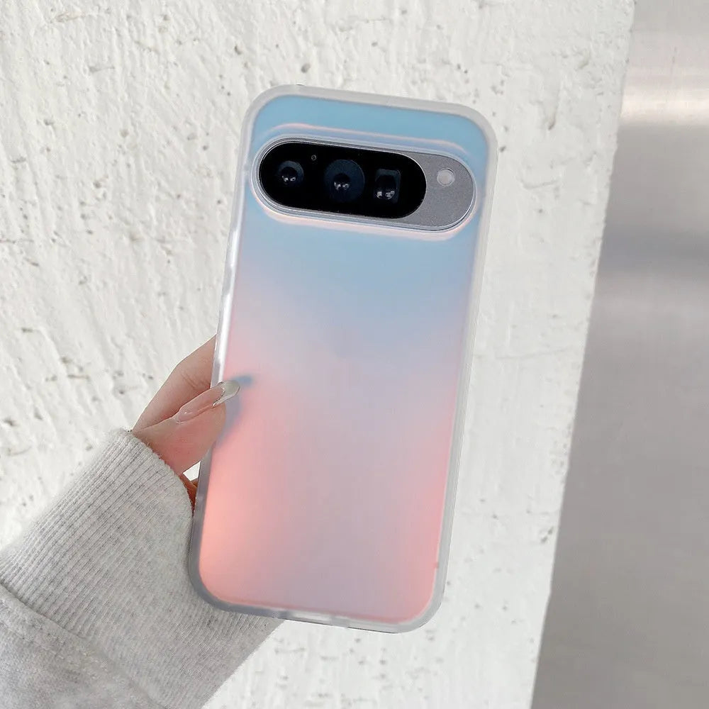 Transparent laser frosted matte phone case for Google smartphones on a flat surface.