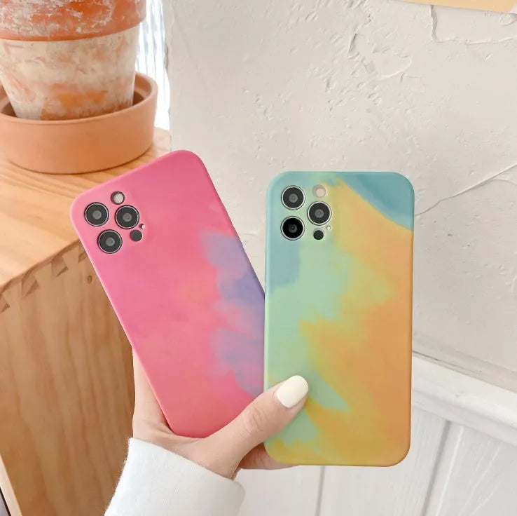 Soft silicone iPhone case with abstract oil painting gradient geometry pattern in blue, green, pink, or purple