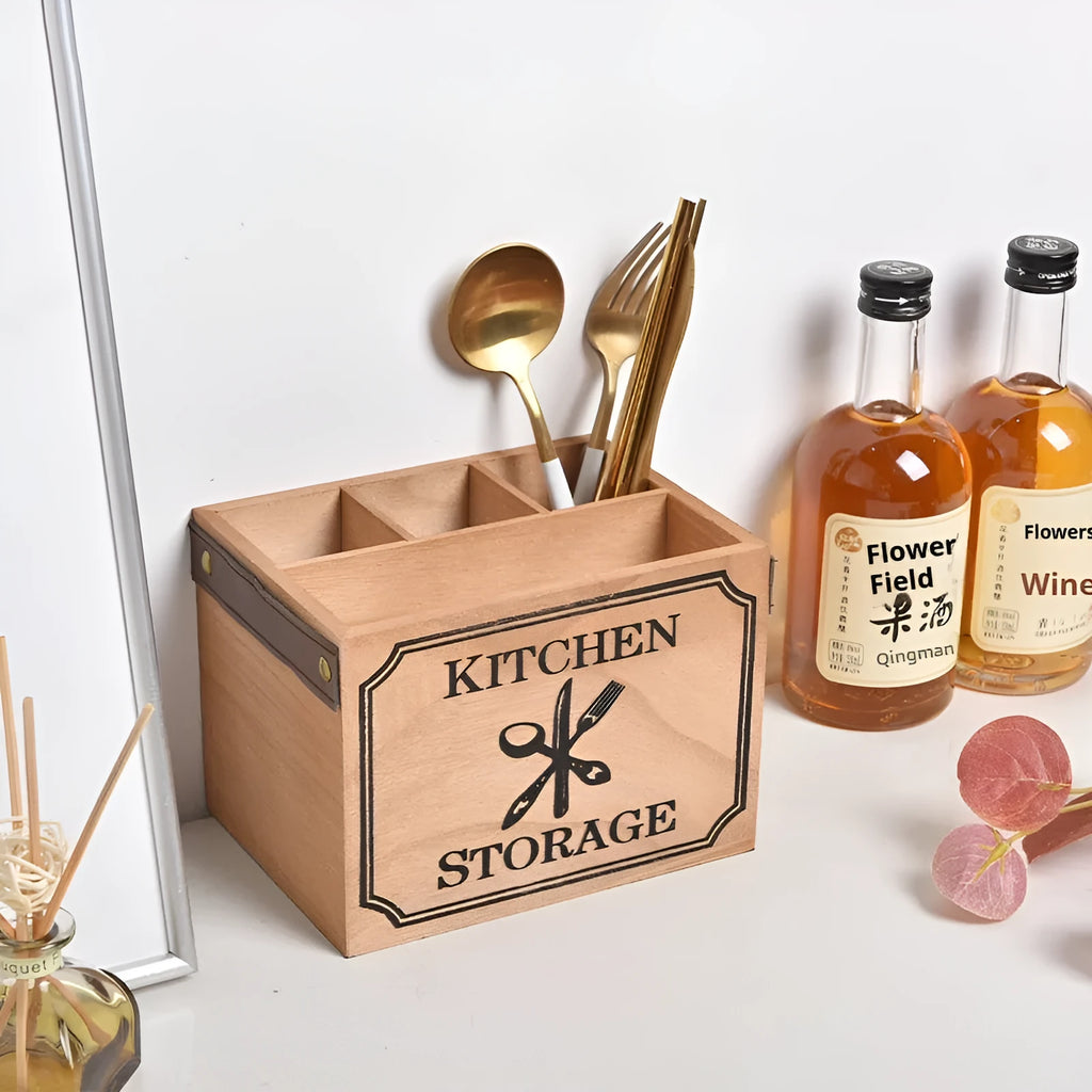 Wooden kitchen storage box with internal dividers for organising knives, forks and chopsticks