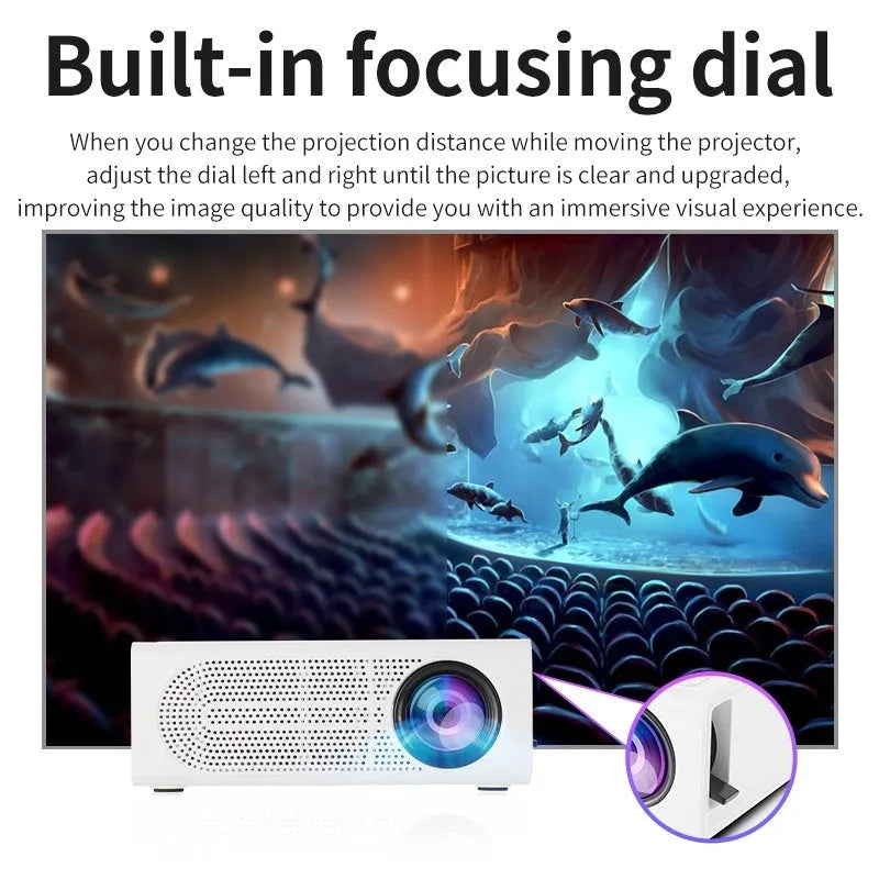 Black and white portable mini projector with lens and connection port for wired mobile phone screen mirroring.